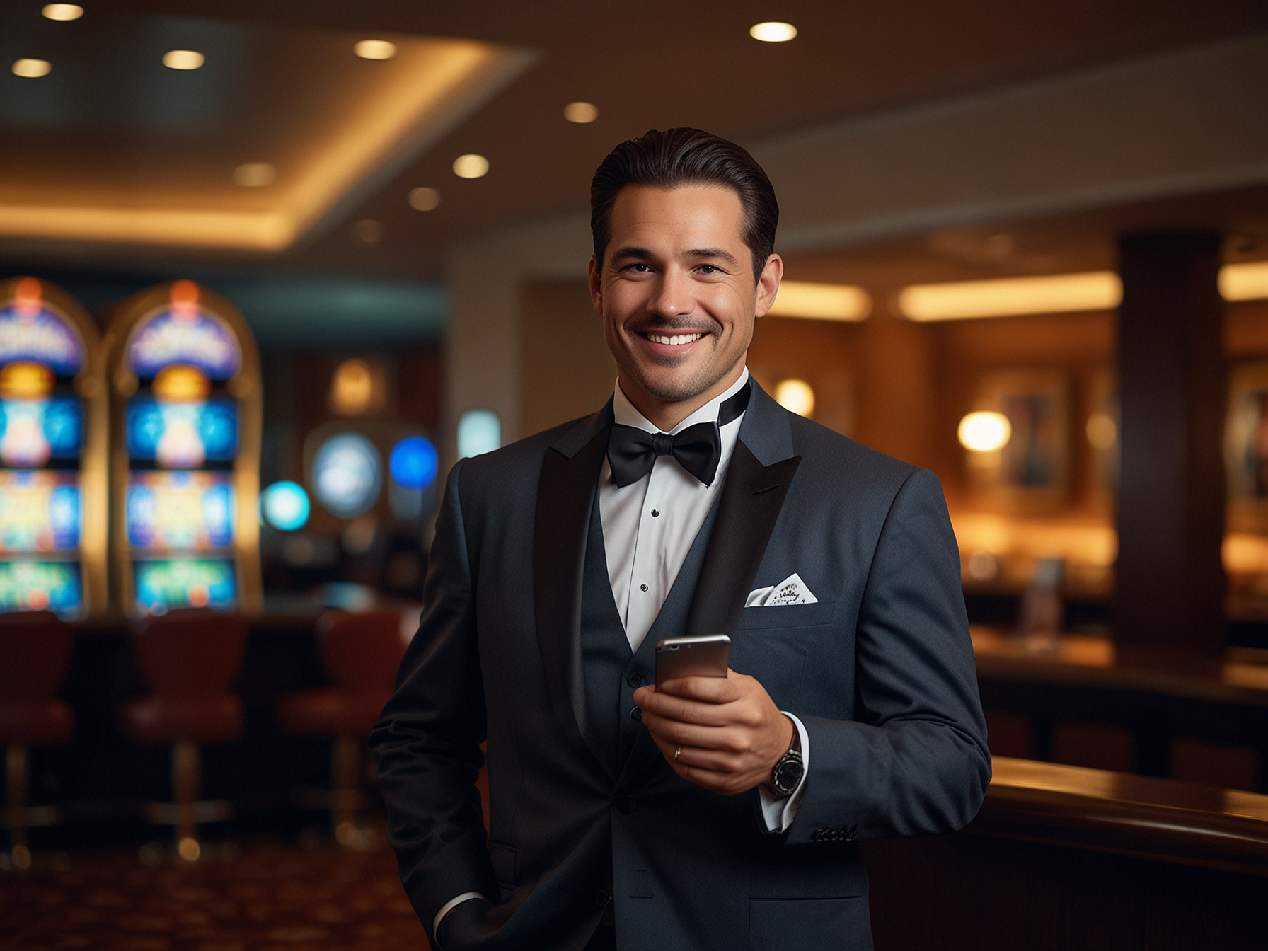 Smiling casino host with smartphone